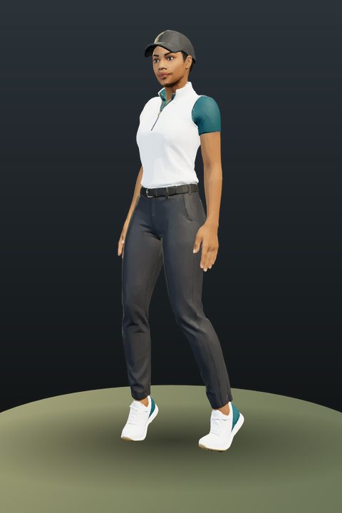 Modern Tour Athlete: grey cap, white and teal top, charcoal trousers