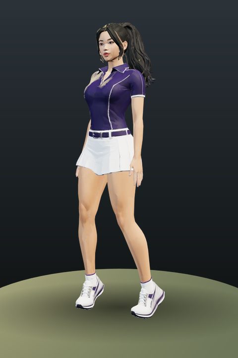 Neon Orchid: long black ponytail, purple polo, white pleated skirt