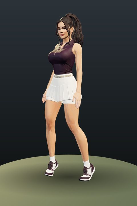 Velvet Fairway: dark ponytail, plum sleeveless top, white skirt
