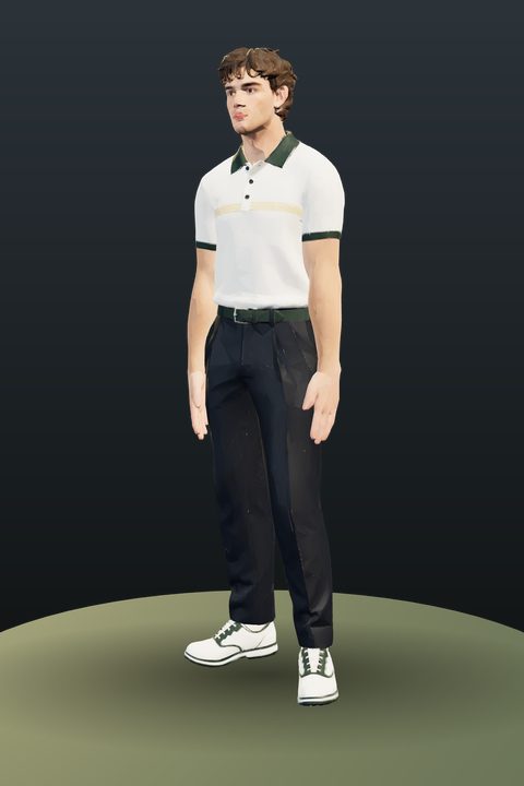 Weekend Phenom: cream polo with green trim, black trousers
