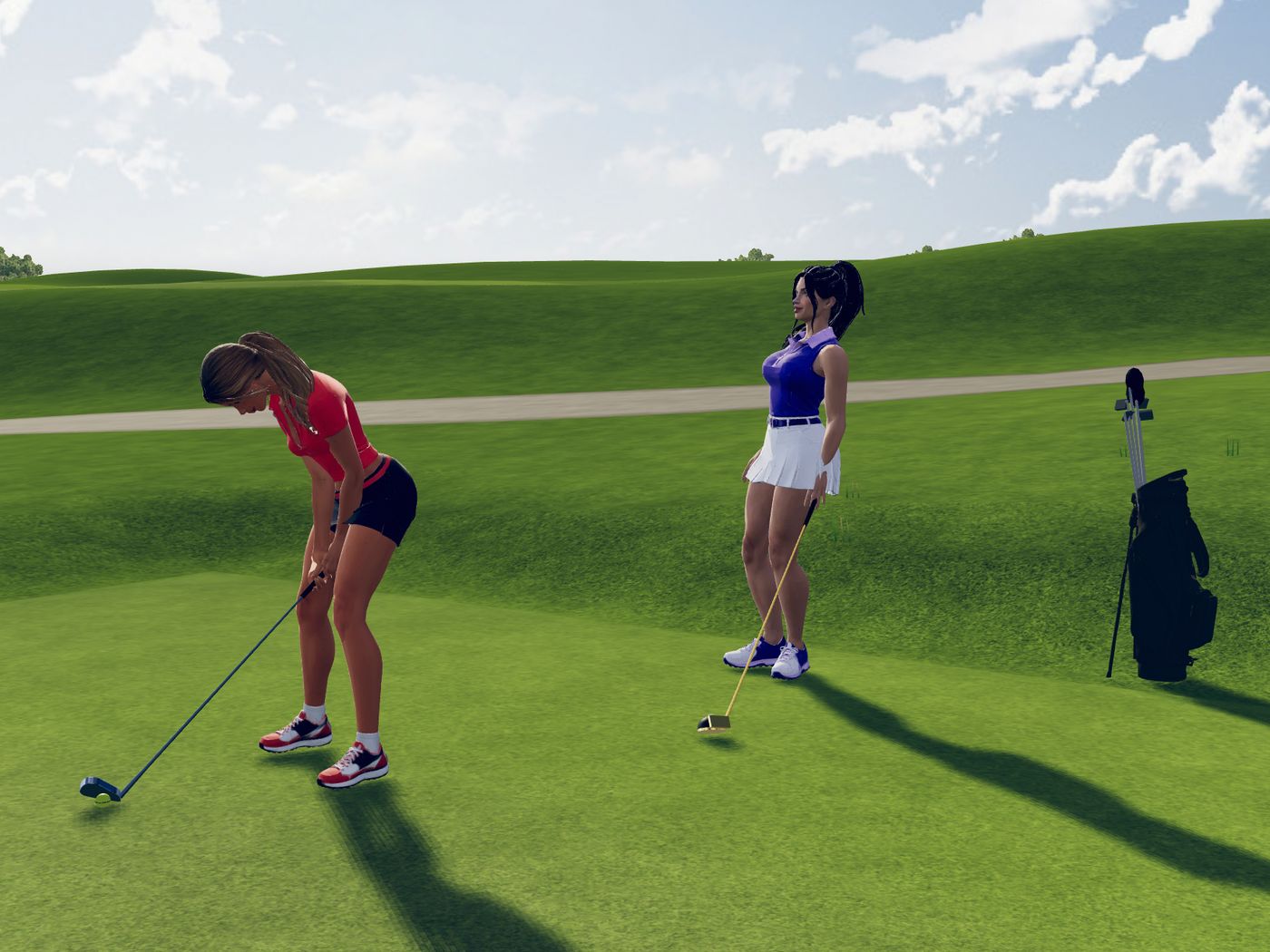 Two golfers on a match tee under a blue sky: one in a coral polo at address over her ball with an iron, her opponent in a violet top waiting with her driver, a golf bag and rolling fairways behind