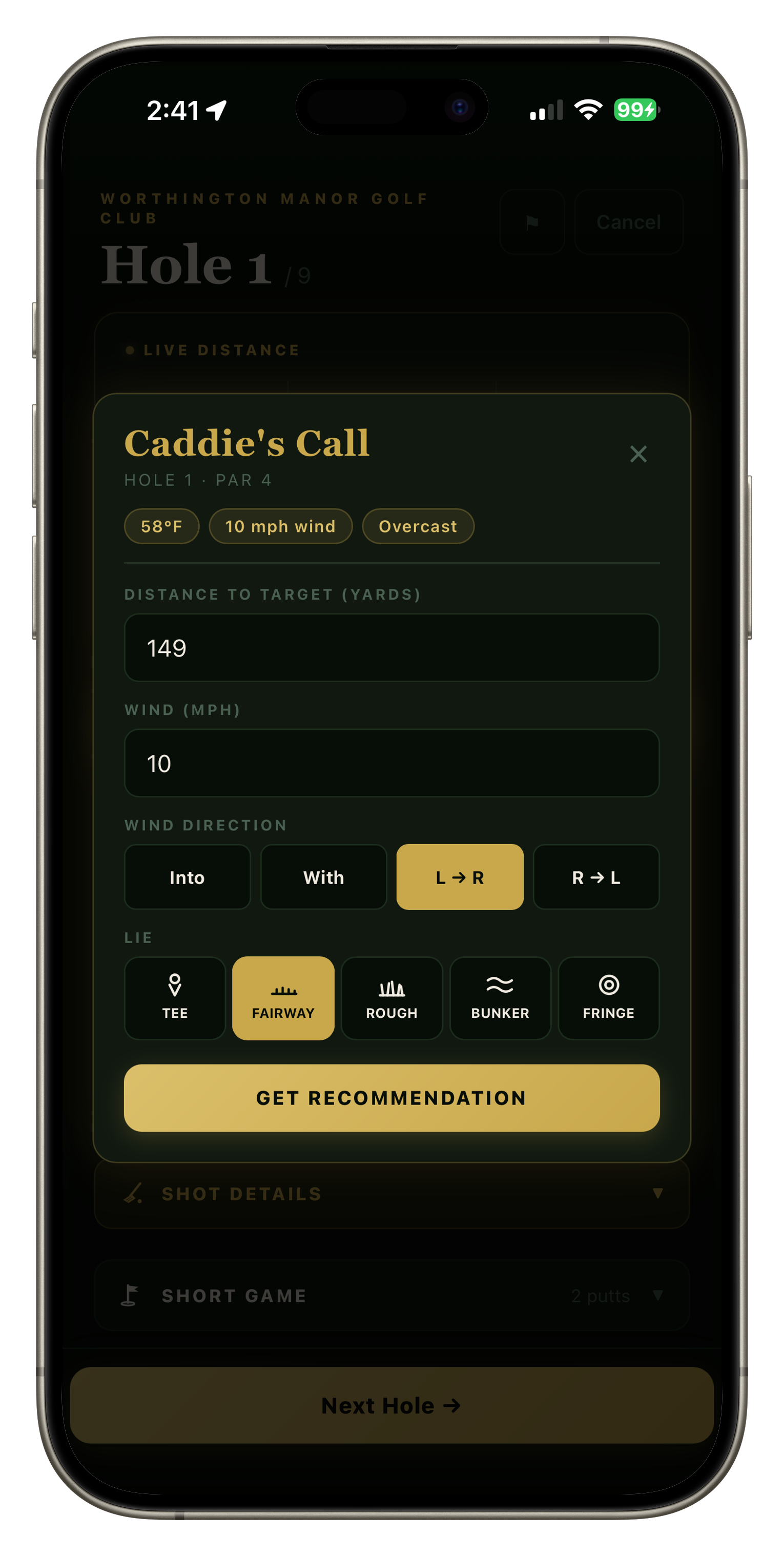 Caddie's Call AI pre-shot recommendation